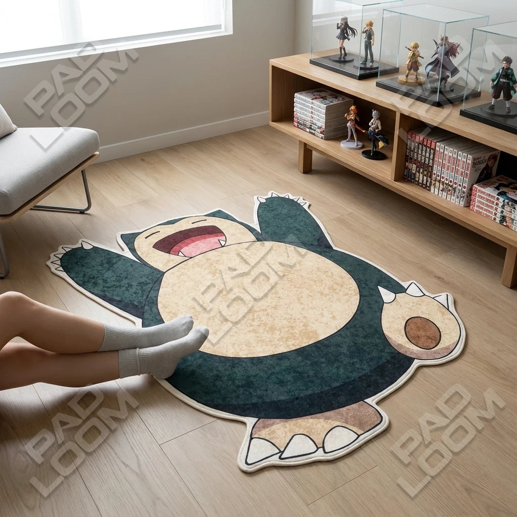 Snorlax shaped rug shown in a room setting