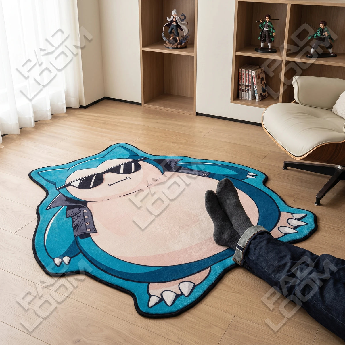 Snorlax shaped rug shown in a room setting