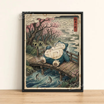 Snorlax Sakura Pokemon poster - framed canvas wall art in a black frame