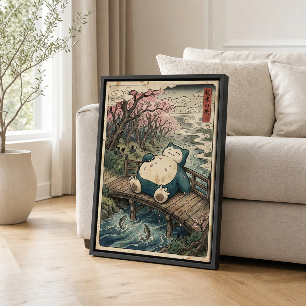 Snorlax Sakura Pokemon poster leaning beside a sofa - living room wall art
