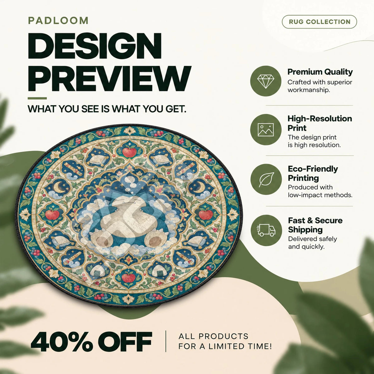Snorlax Sleeping Pokemon round rug full design preview
