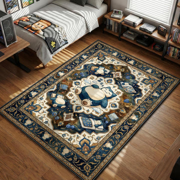 Snorlax sleeping peacefully surrounded by berries and zzz icons in ornate blue watercolor style area rug and floor mat