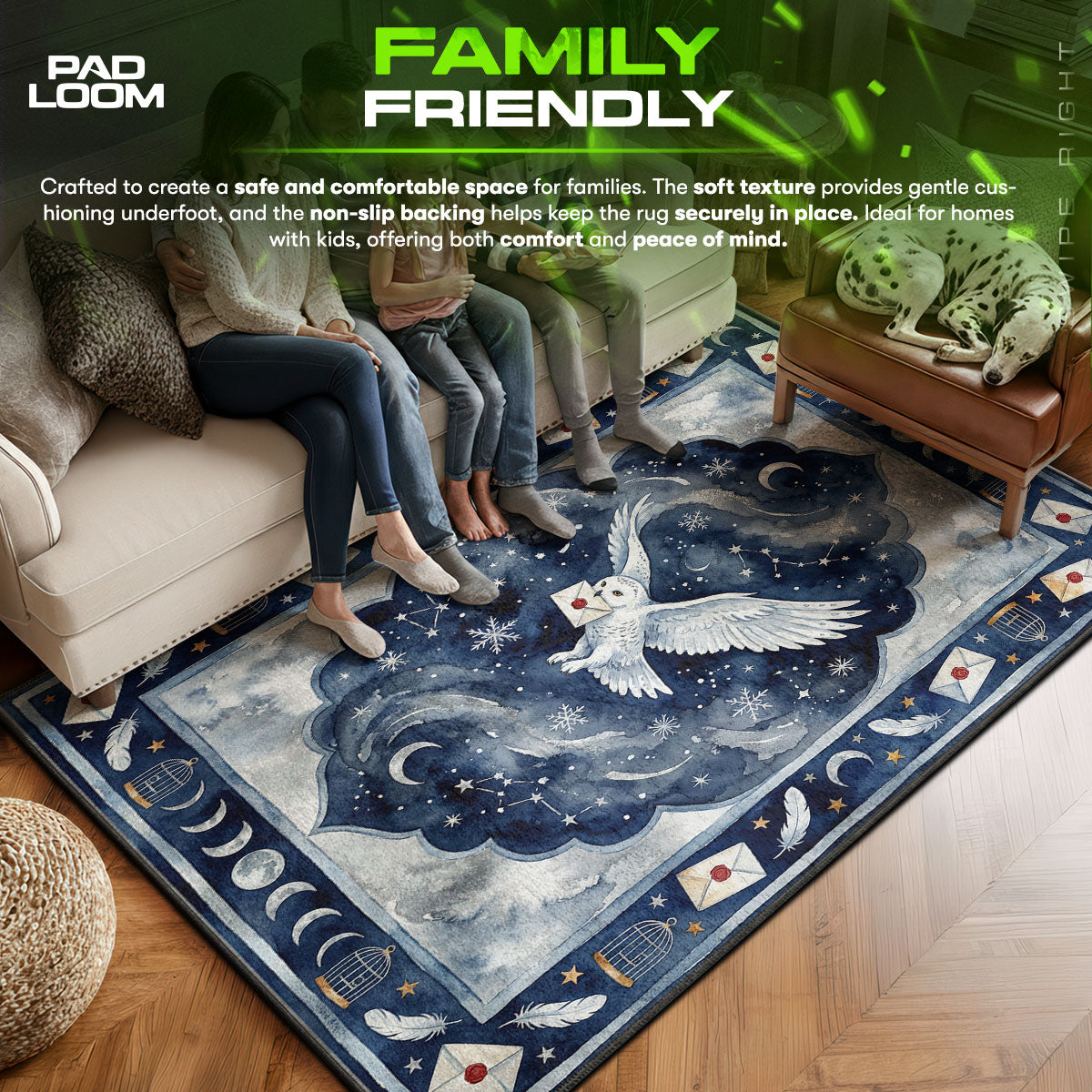 Snowy area rug showing full home decor artwork