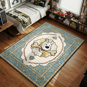 Snowy the dog happily holding a bone in an ornate vintage art style movie themed area rug and home theater mat.