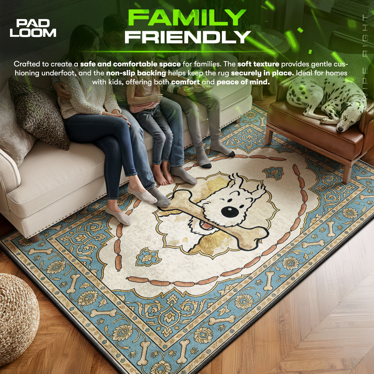 Snowy area rug showing full Vintage artwork
