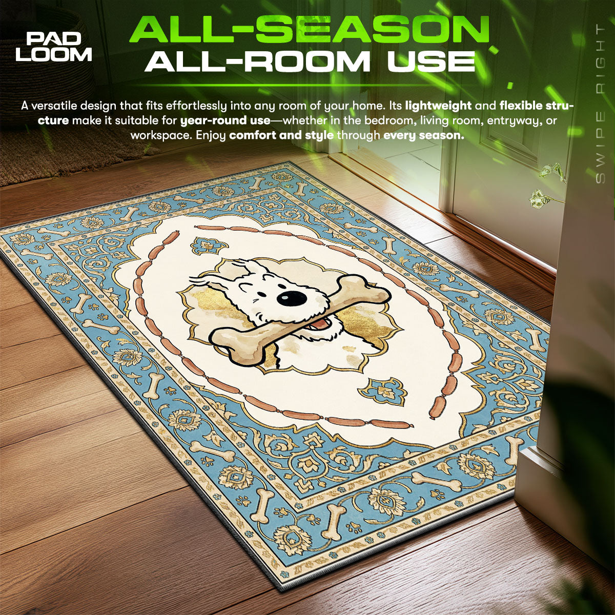 Snowy Bone Tintin Room fan rug — premium quality print