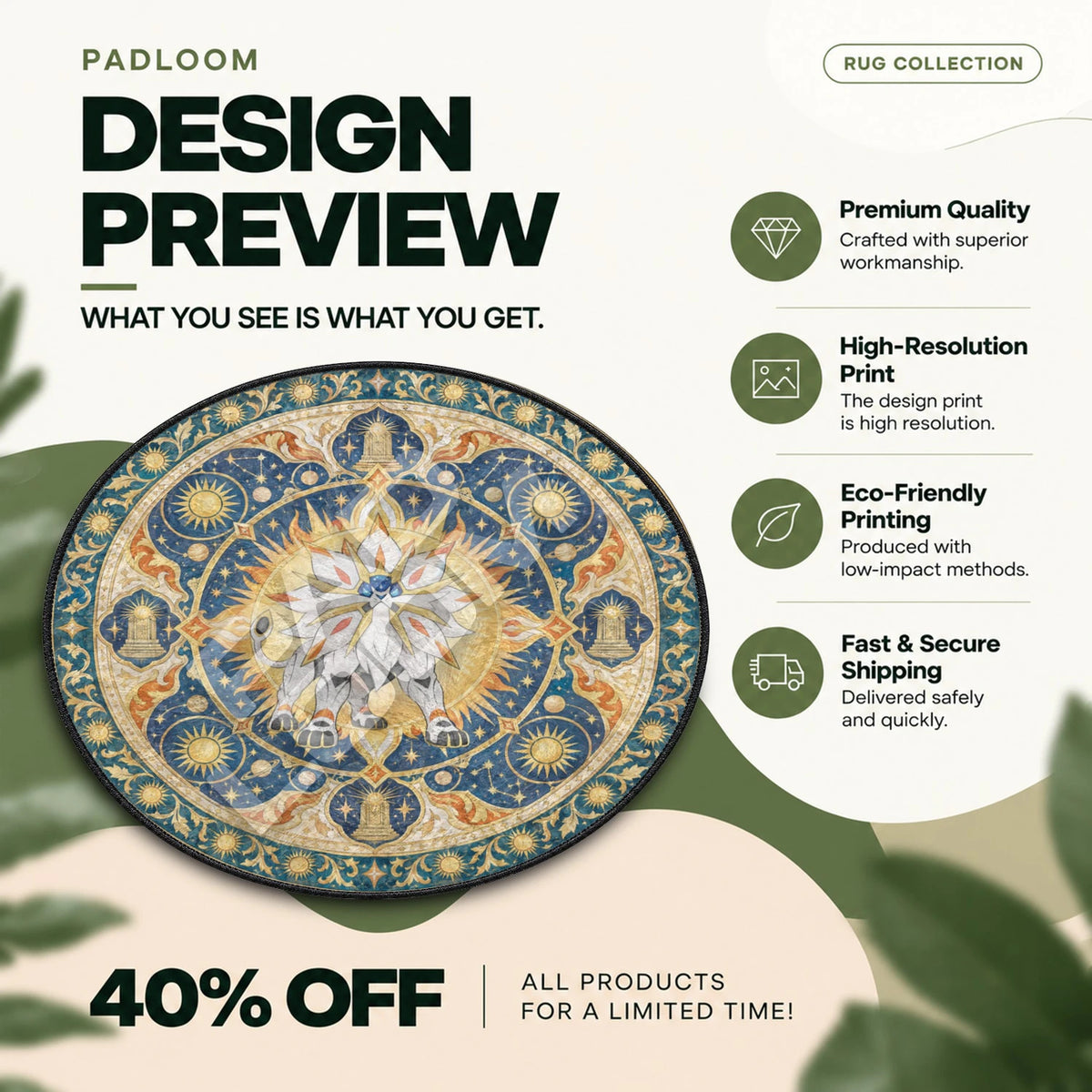 Solgaleo Sunburst Pokemon round rug full design preview