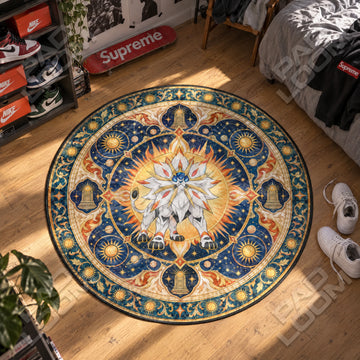 Solgaleo Sunburst Pokemon round rug on a bedroom floor - Pokemon chair mat