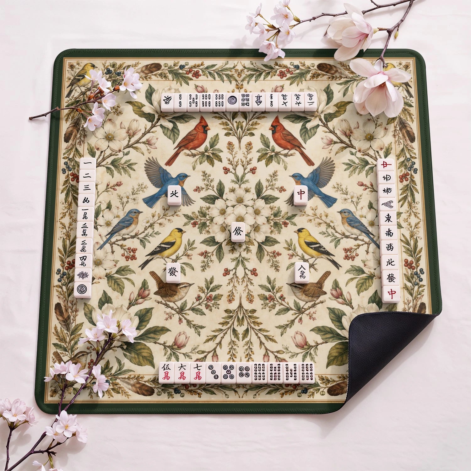 Songbird Botanical design close-up on mahjong mat surface