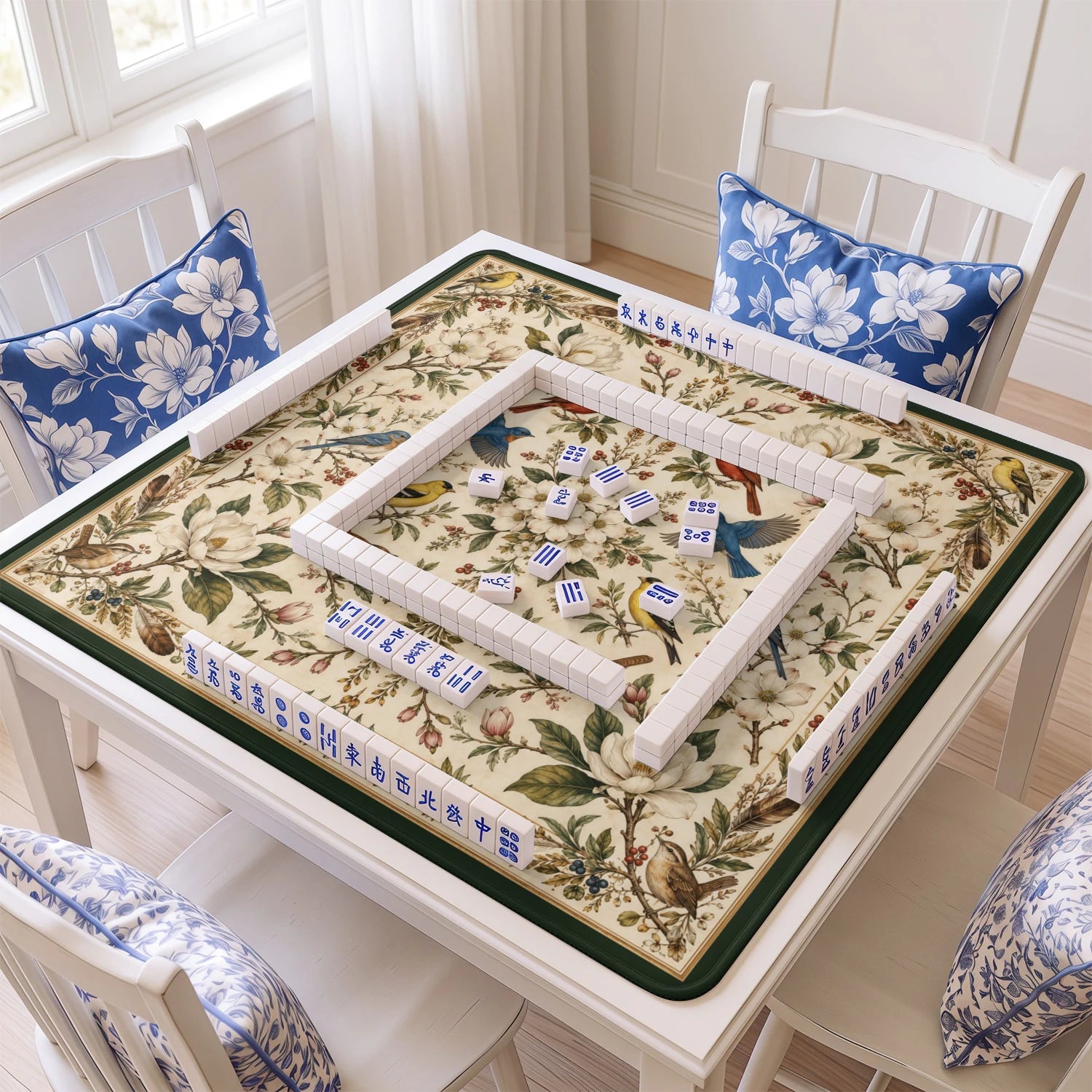 Songbird Botanical mahjong mat with tiles and racks on the table