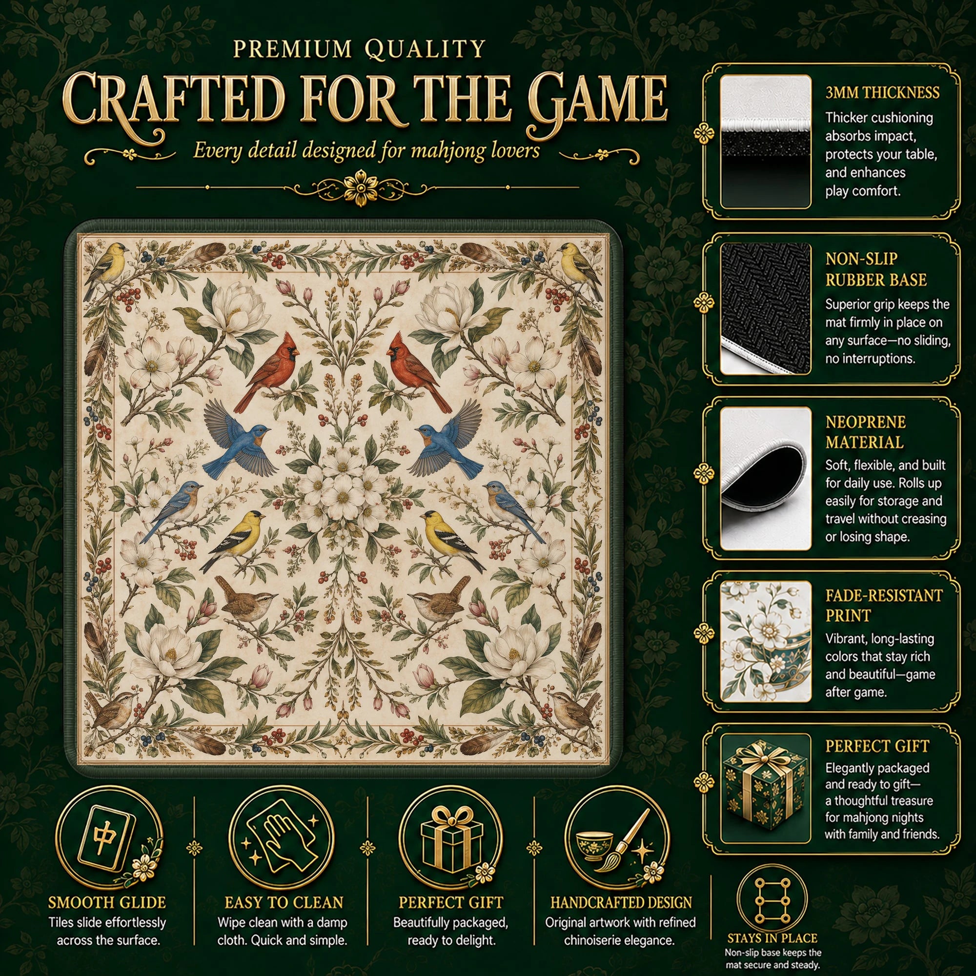 Songbird Botanical Mahjong Mat – neoprene mah jongg table mat