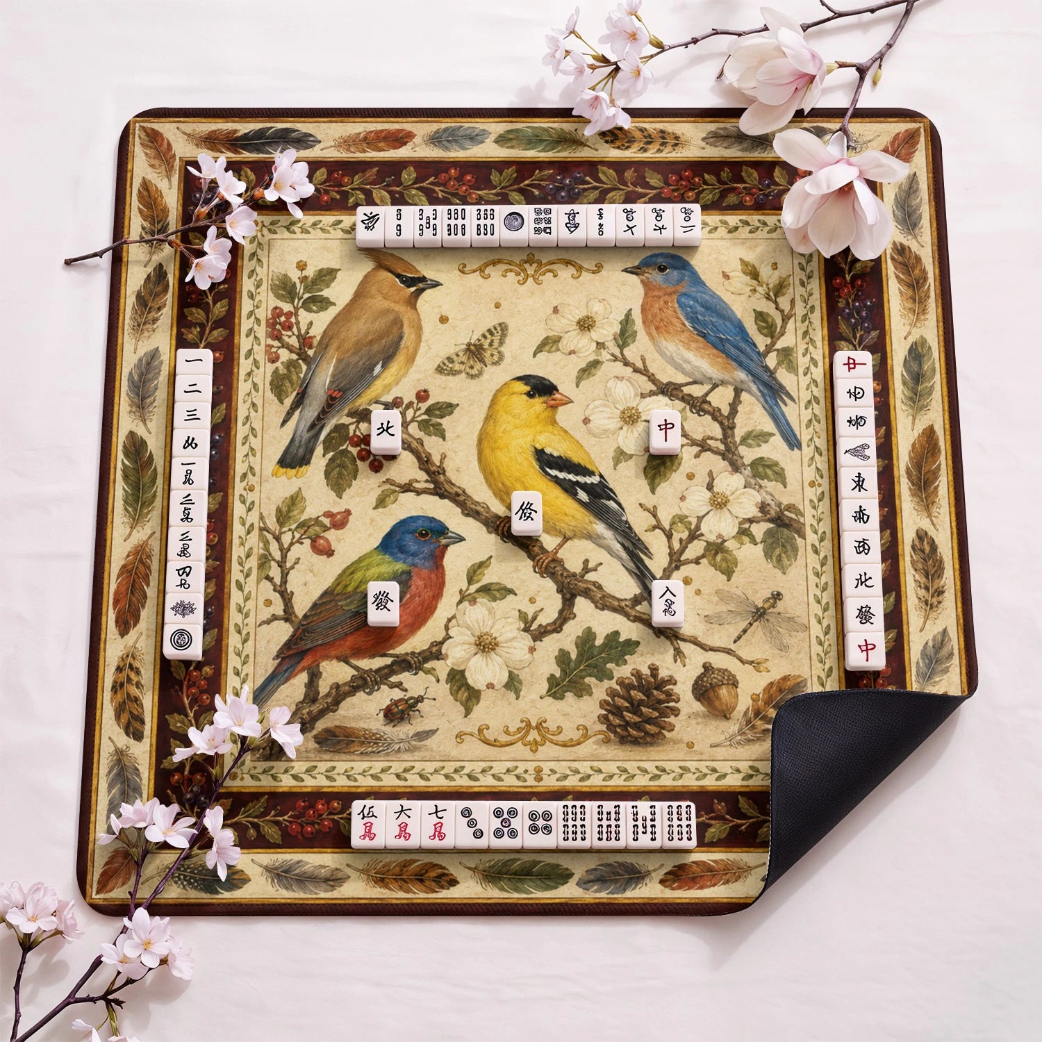 Songbird Perch design close-up on mahjong mat surface
