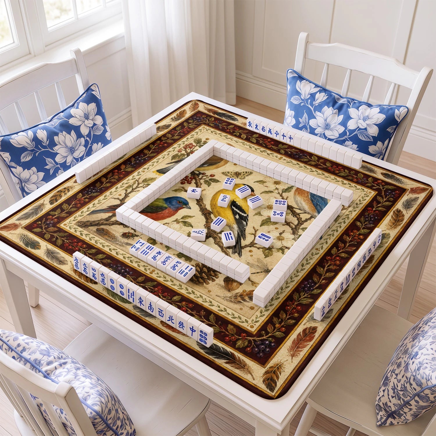 Songbird Perch mahjong mat with tiles and racks on the table