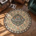 Songbird Strawberry floral round rug in a styled room - floral circle area rug