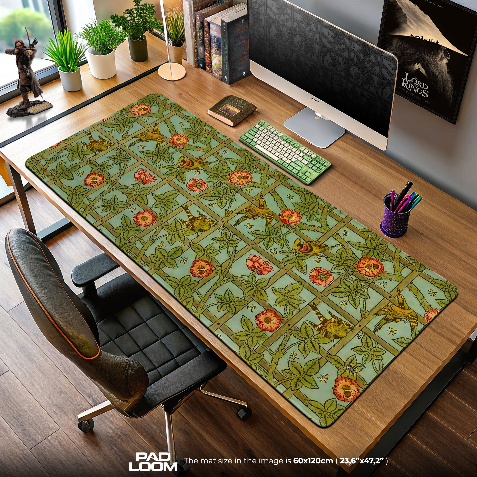 Songbird Trellis Mouse Pad, Vintage Garden Gaming Desk Mat