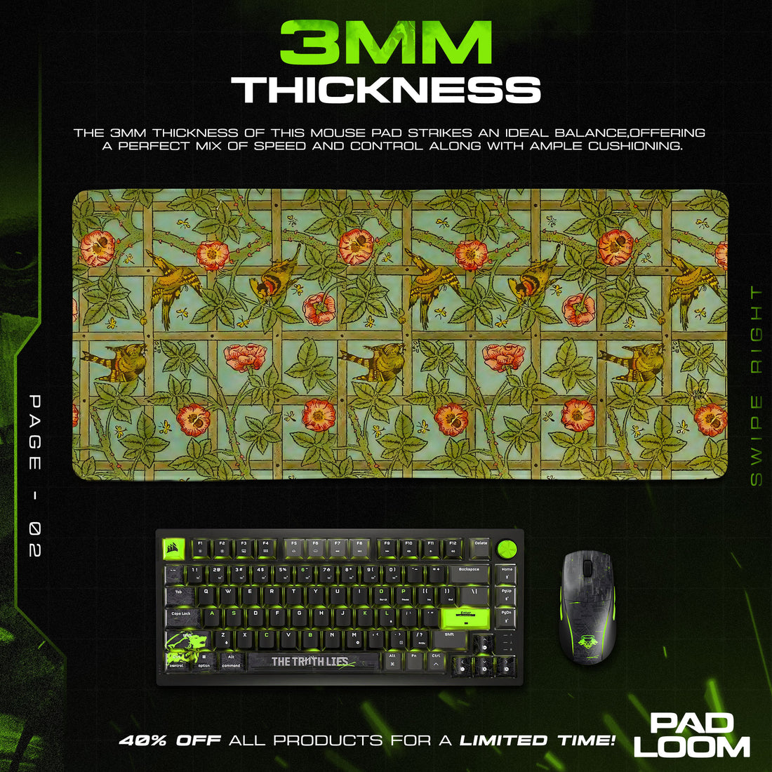Songbird Trellis Mouse Pad, Vintage Garden Gaming Desk Mat