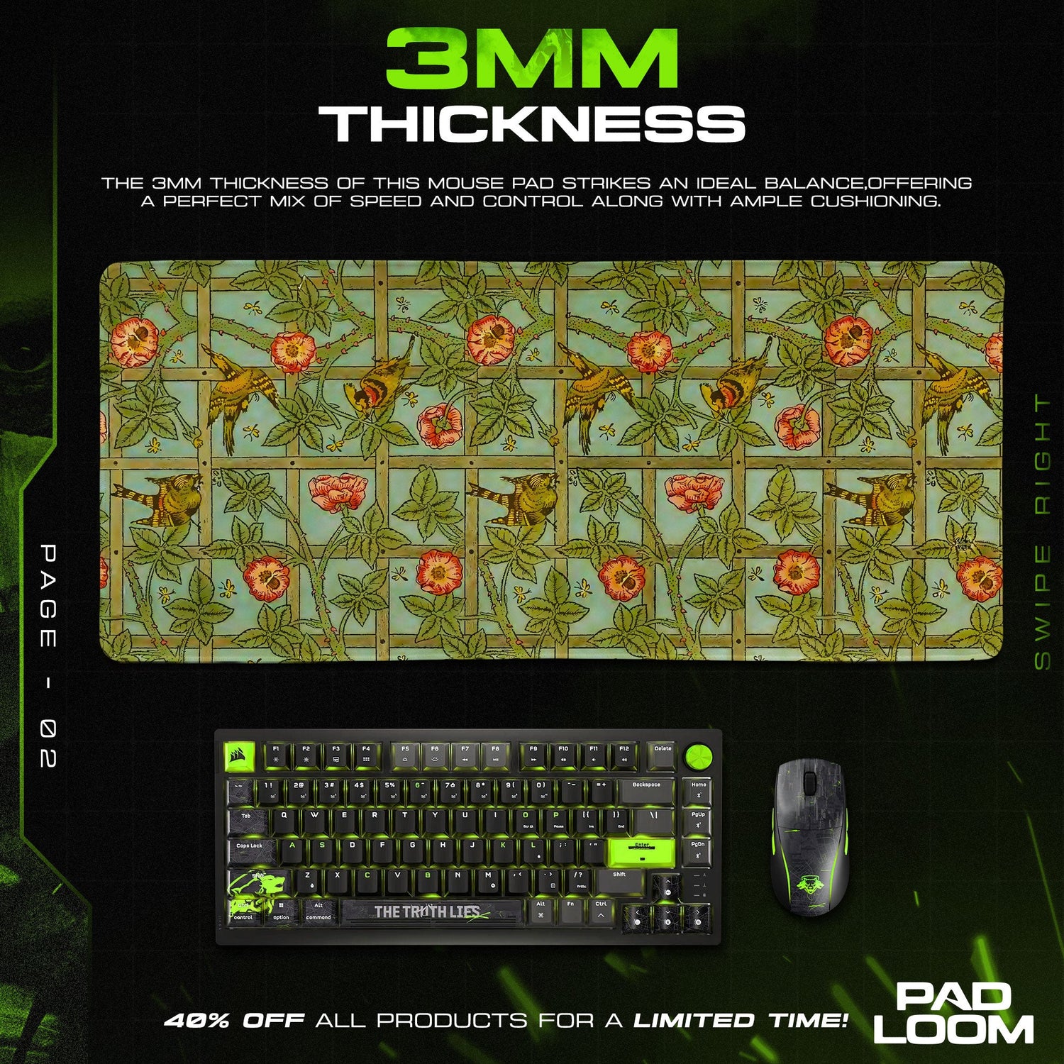 Songbird Trellis Mouse Pad, Vintage Garden Gaming Desk Mat Padloom
