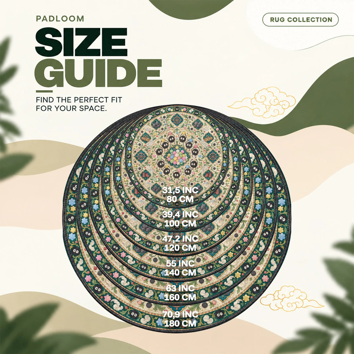 Soot Sprite Medallion round rug size guide, 80 to 180 cm (31.5 to 70.9 in)