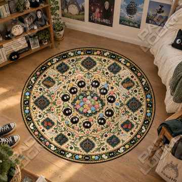 Soot Sprite Medallion Studio Ghibli round rug on a bedroom floor - Studio Ghibli chair mat