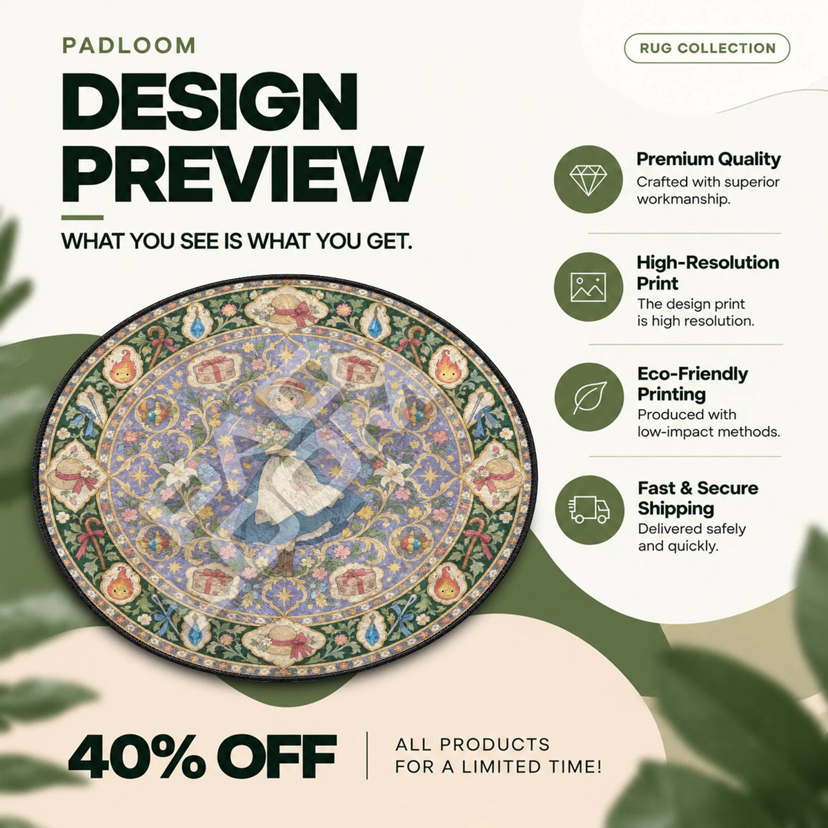 Sophie Bouquet Studio Ghibli round rug full design preview