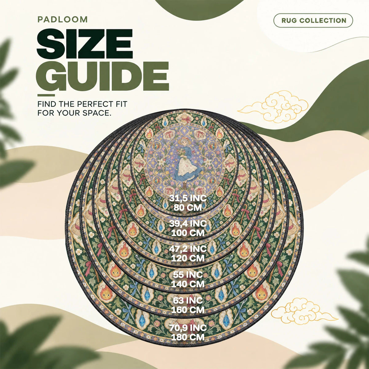 Sophie Bouquet round rug size guide, 80 to 180 cm (31.5 to 70.9 in)