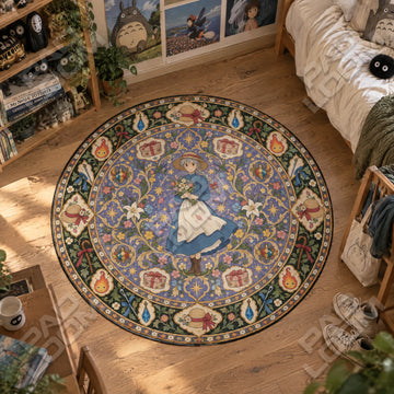 Sophie Bouquet Studio Ghibli round rug on a bedroom floor - Studio Ghibli chair mat