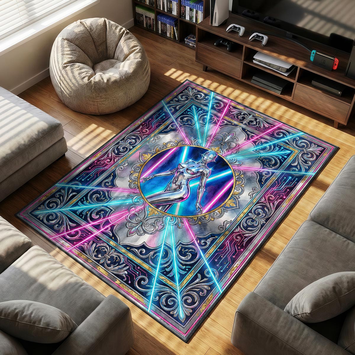 Sorayama Chrome themed area rug for Cyberpunk fans