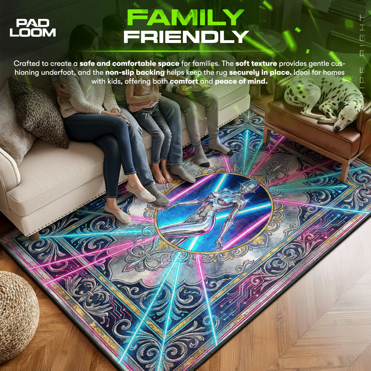Sorayama area rug showing full Cyberpunk artwork