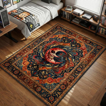 The Moon from Soul Eater smiling with blood dripping in a dark gothic Persian style area rug and floor mat