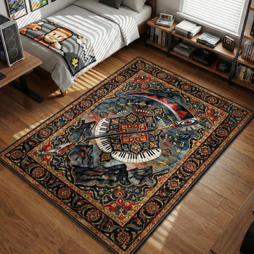 Soul Eater Evans in scythe weapon form over piano keys and mountains in a gothic red and blue area rug and floor mat