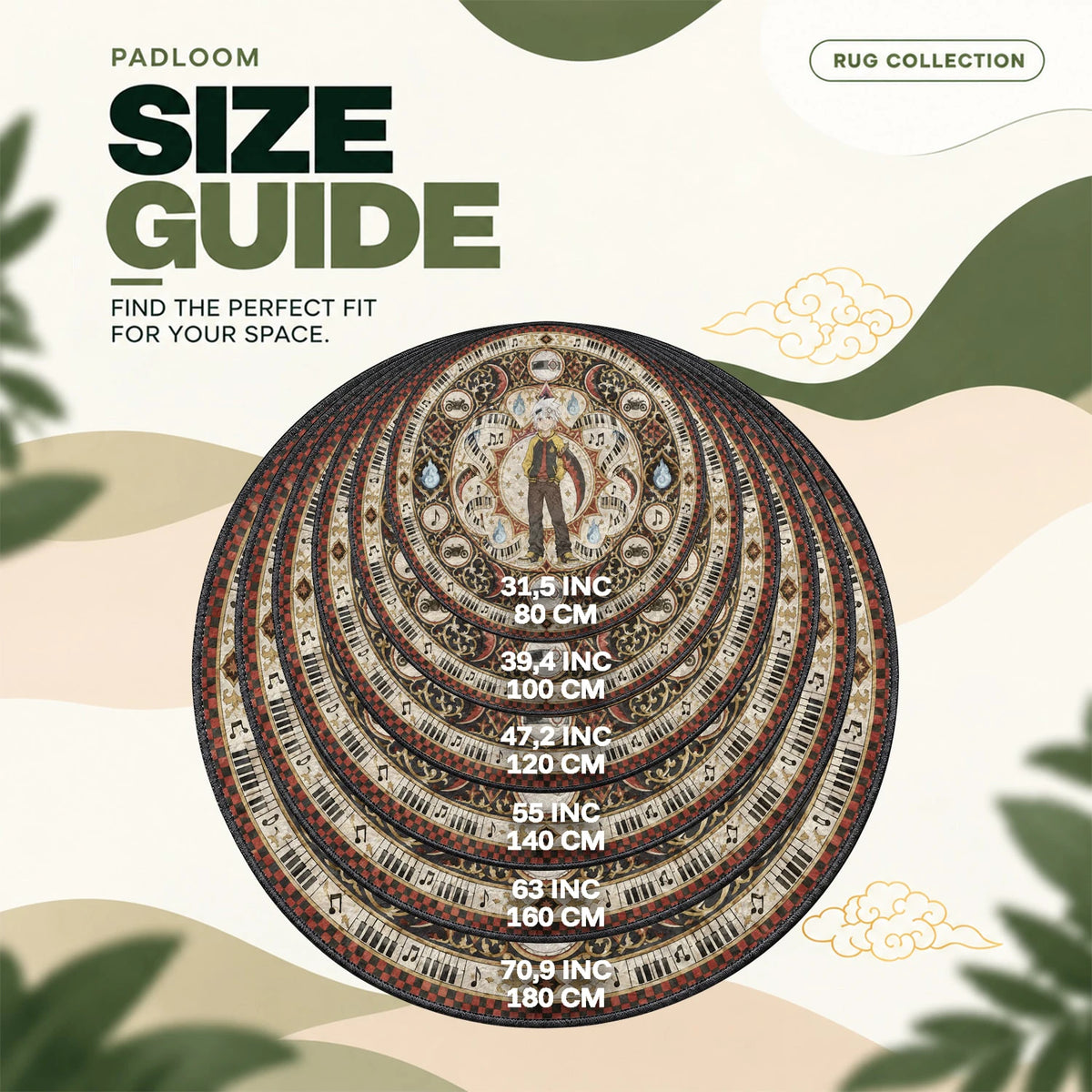 Soul Evans Piano round rug size guide, 80 to 180 cm (31.5 to 70.9 in)