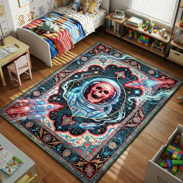 Space Kook skull astronaut Scooby-Doo area rug with rockets on crimson and navy tapestry