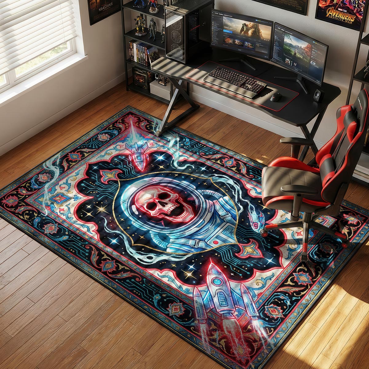 Space Kook villain rug placed in a dark gaming room with RGB lighting and PC setup