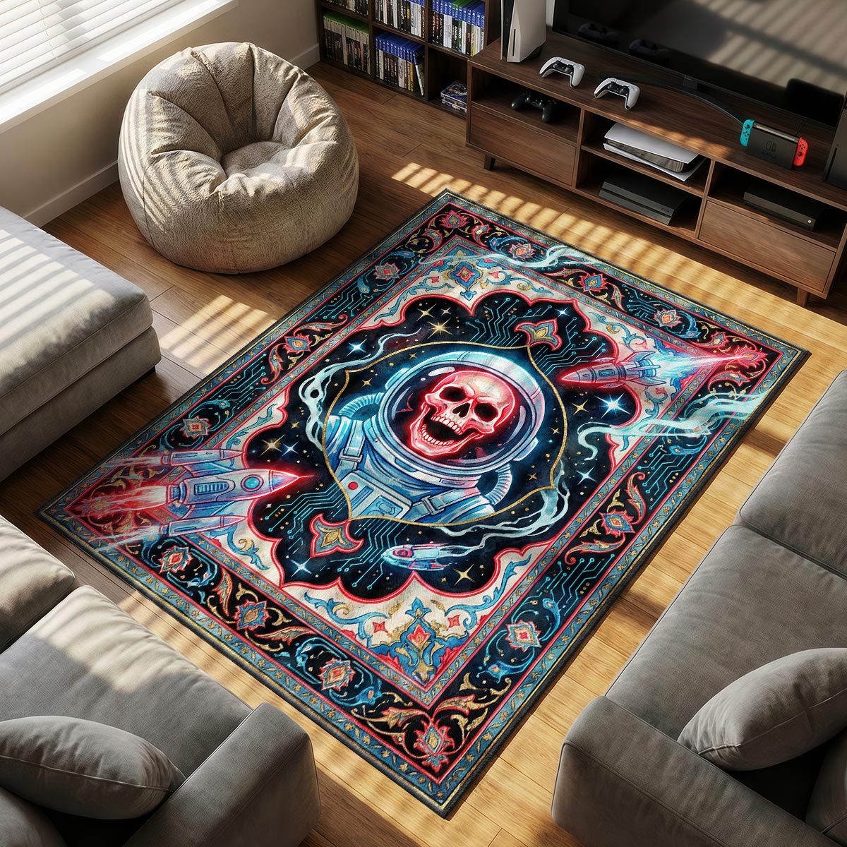 Close-up of Space Kook area rug showing circuit board pattern detail and dye-sublimation clarity
