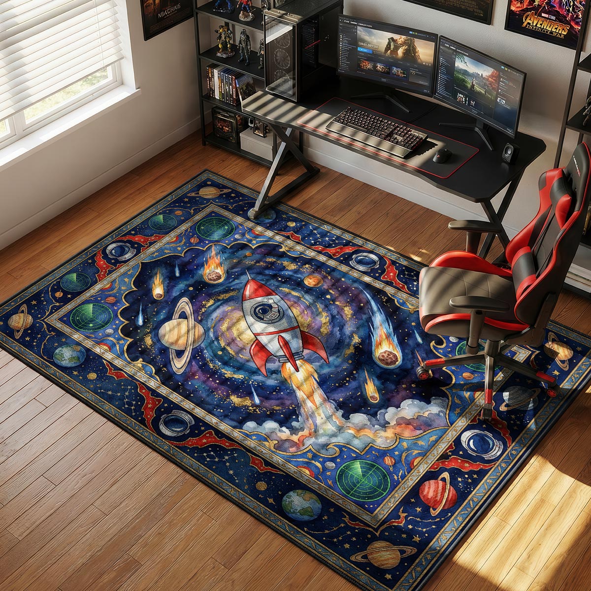 Space Rocket Galaxy Rug - Kids Room Floor Mat