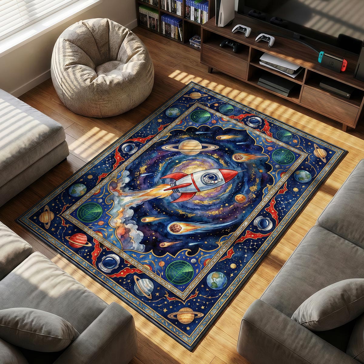 Space Rocket Galaxy Rug - Kids Room Floor Mat