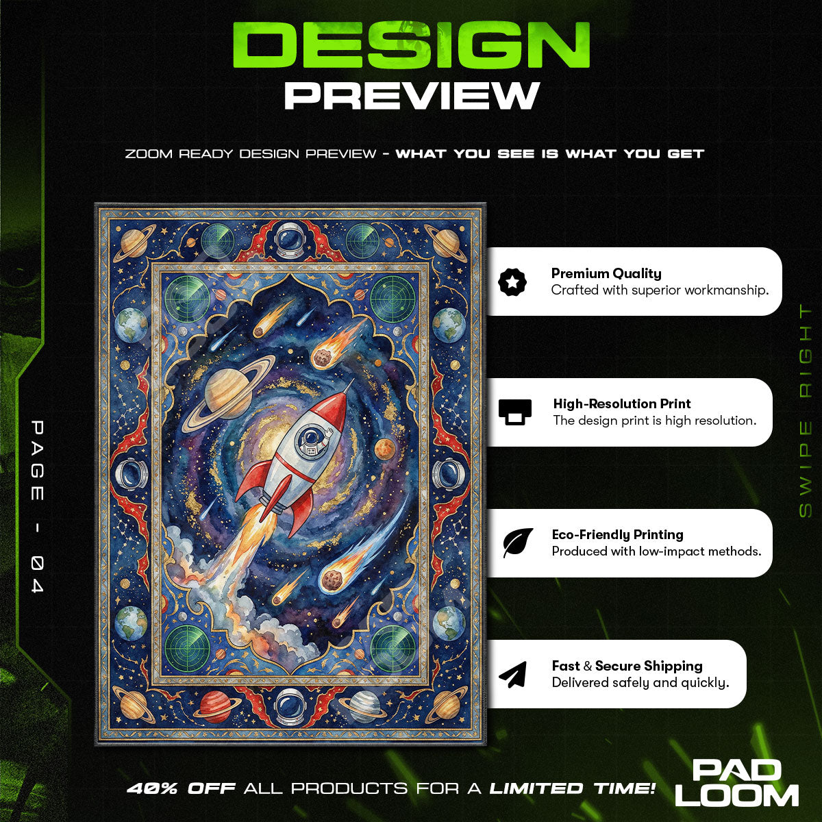 Space Rocket Galaxy Rug - Kids Room Floor Mat