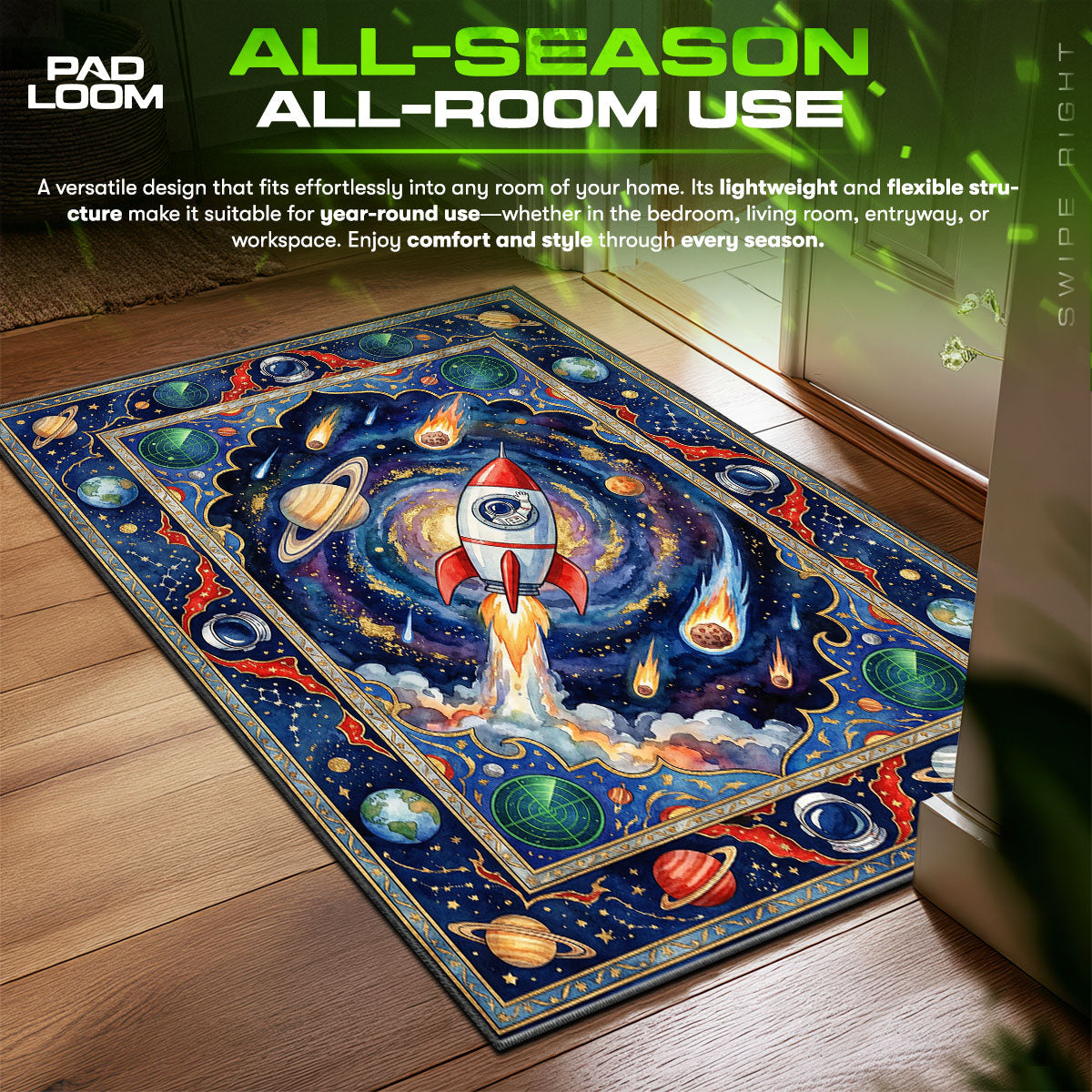 Space Rocket Galaxy Rug - Kids Room Floor Mat