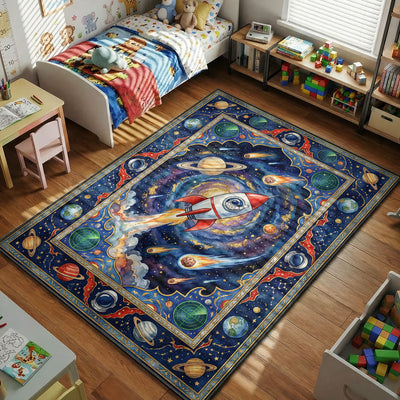 Space Rocket Galaxy Rug - Kids Room Floor Mat
