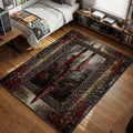 Neon Genesis Evangelion Spear of Longinus rug design featuring Kabbalistic Tree of Life symbols, DNA double helix patterns, and runic borders in a dark red and parchment style.