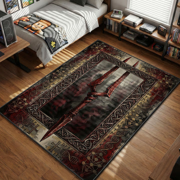 Neon Genesis Evangelion Spear of Longinus rug design featuring Kabbalistic Tree of Life symbols, DNA double helix patterns, and runic borders in a dark red and parchment style.