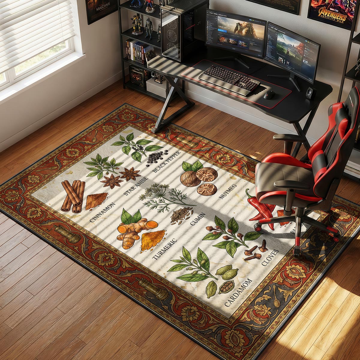Spice rack kitchen rug on warm stone floor near copper pots and an open spice shelf