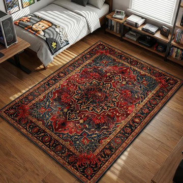 Red spider lilies and black spiders in gothic Persian ornamental pattern area rug and floor mat