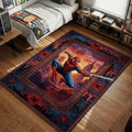 Spider-Man swinging in classic suit against NYC sunset skyline comic style gaming area rug and floor mat
