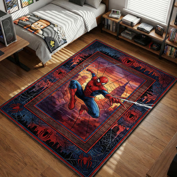 Spider-Man swinging in classic suit against NYC sunset skyline comic style gaming area rug and floor mat