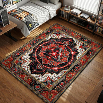 Valorant Spike glowing red symbol integrated into intricate traditional Persian floral pattern gaming area rug and floor mat
