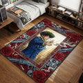 Art Nouveau style rug design featuring Spike Spiegel with a bloody face making a finger gun motion, framed by red roses, revolvers, and cigarette smoke.
