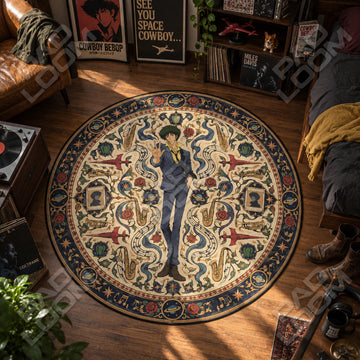 Spike Waving Cowboy Bebop round rug on a bedroom floor - Cowboy Bebop chair mat