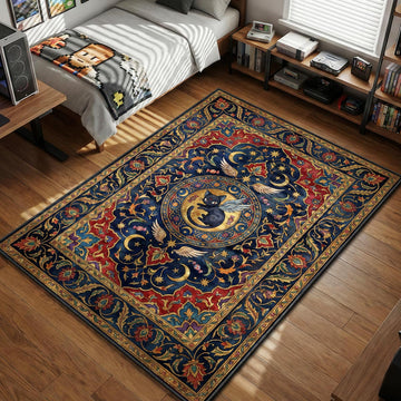 Spinel Sun black cat with butterfly wings sitting in a magic circle surrounded by sweets and stars celestial art style area rug and floor mat