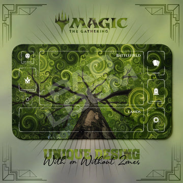 Spiral Tree Canopy MTG playmat, green art with play zones, 24 x 14 in